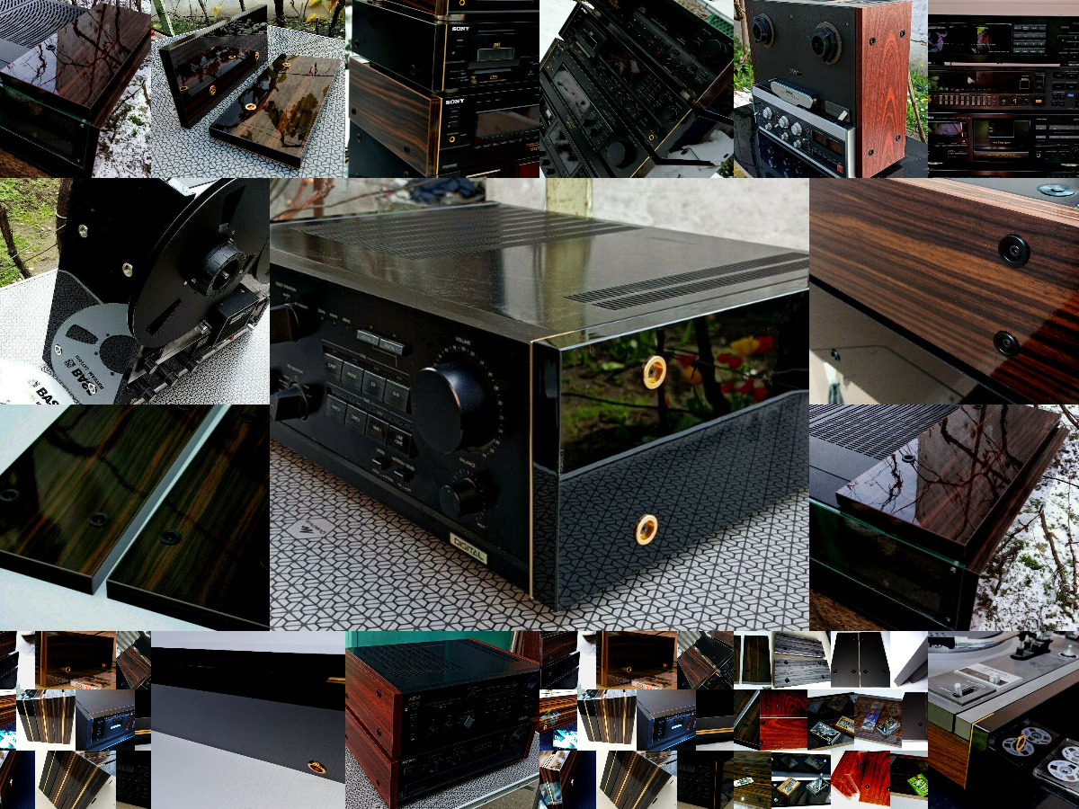 For PIONEER M-73 AMPLIFIER – SIDE PANELS GLOSSY BLACK MDF / GOLD CAPS - imagine 2